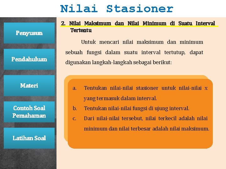 Nilai Stasioner Penyusun 2. Nilai Maksimum dan Nilai Minimum di Suatu Interval Tertentu Untuk Nilai Stasioner Penyusun 2. Nilai Maksimum dan Nilai Minimum di Suatu Interval Tertentu Untuk