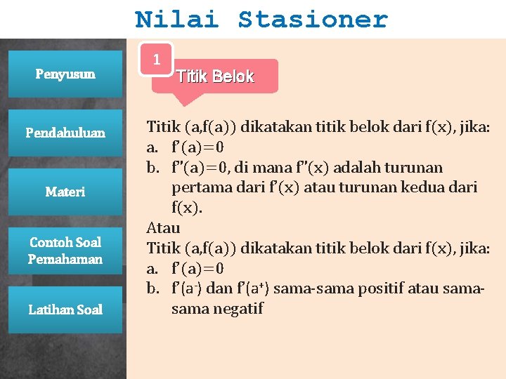 Nilai Stasioner Penyusun Pendahuluan Materi Contoh Soal Pemahaman Latihan Soal 1 Titik Belok Titik Nilai Stasioner Penyusun Pendahuluan Materi Contoh Soal Pemahaman Latihan Soal 1 Titik Belok Titik