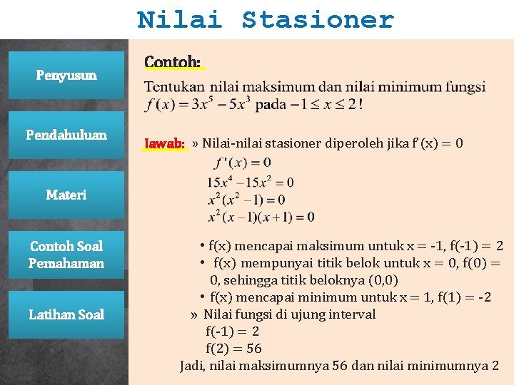 Nilai Stasioner Penyusun Pendahuluan Contoh: Jawab: » Nilai-nilai stasioner diperoleh jika f’(x) = 0 Nilai Stasioner Penyusun Pendahuluan Contoh: Jawab: » Nilai-nilai stasioner diperoleh jika f’(x) = 0
