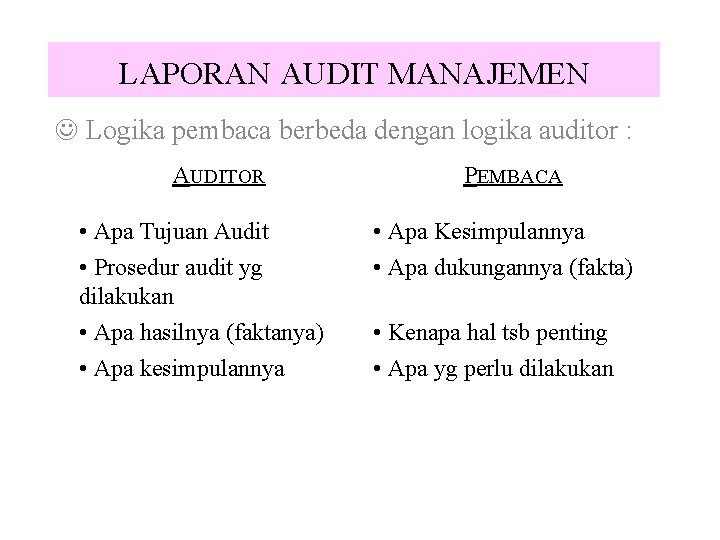 LAPORAN AUDIT MANAJEMEN J Logika pembaca berbeda dengan logika auditor : AUDITOR • Apa