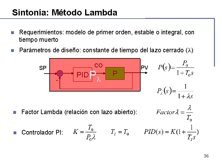 Sintonía: Método Lambda n Requerimientos: modelo de primer orden, estable o integral, con tiempo Sintonía: Método Lambda n Requerimientos: modelo de primer orden, estable o integral, con tiempo