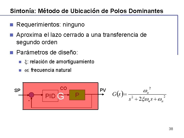 Sintonía: Método de Ubicación de Polos Dominantes n Requerimientos: ninguno n Aproxima el lazo Sintonía: Método de Ubicación de Polos Dominantes n Requerimientos: ninguno n Aproxima el lazo
