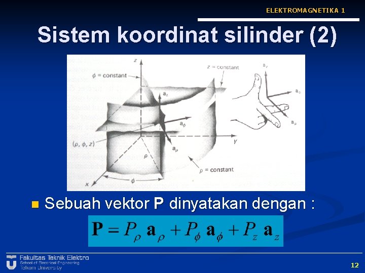 ELEKTROMAGNETIKA 1 Sistem koordinat silinder (2) n Sebuah vektor P dinyatakan dengan : 12