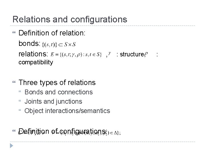 Relations and configurations Definition of relation: bonds: relations: , compatibility Three types of relations