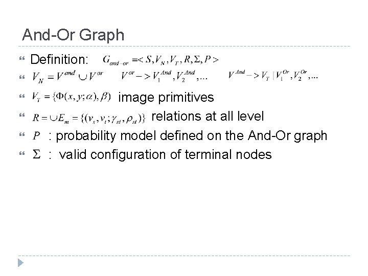 And-Or Graph Definition: image primitives relations at all level : probability model defined on