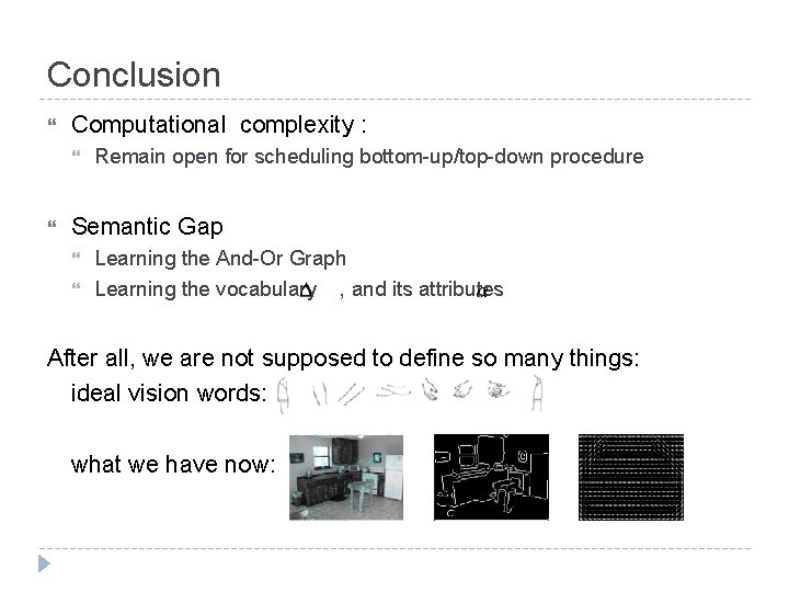 Conclusion Computational complexity : Remain open for scheduling bottom-up/top-down procedure Semantic Gap Learning the