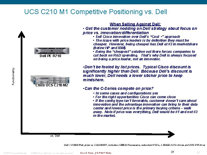 UCS C 210 M 1 Competitive Positioning vs. Dell When Selling Against Dell: •