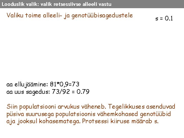 Looduslik valik: valik retsessiivse alleeli vastu Valiku toime alleeli- ja genotüübisagedustele s = 0.