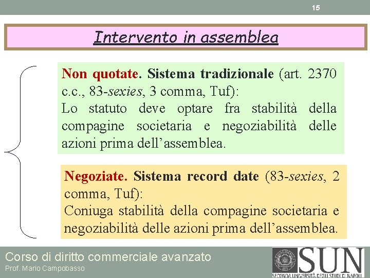15 Intervento in assemblea Non quotate. Sistema tradizionale (art. 2370 c. c. , 83