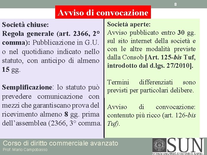 8 Avviso di convocazione Società chiuse: Regola generale (art. 2366, 2° comma): Pubblicazione in