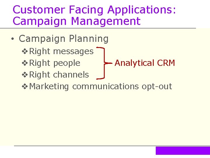 Customer Facing Applications: Campaign Management • Campaign Planning v. Right messages v. Right people