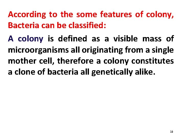 According to the some features of colony, Bacteria can be classified: A colony is