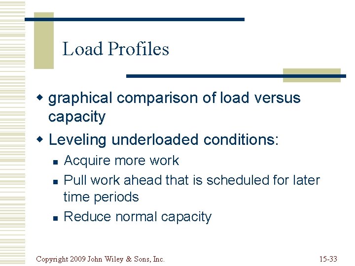 Load Profiles w graphical comparison of load versus capacity w Leveling underloaded conditions: n