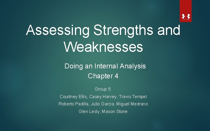 Assessing Strengths and Weaknesses Doing an Internal Analysis Chapter 4 Group 5: Courtney Ellis,