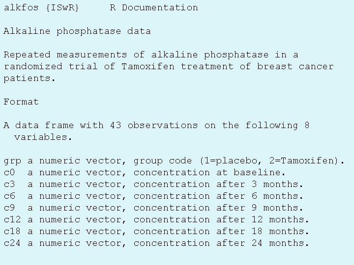 alkfos {ISw. R} R Documentation Alkaline phosphatase data Repeated measurements of alkaline phosphatase in