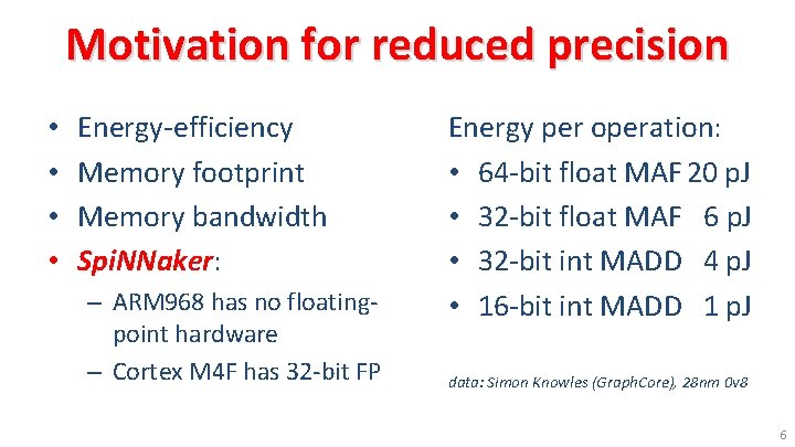 Motivation for reduced precision • • Energy-efficiency Memory footprint Memory bandwidth Spi. NNaker: –