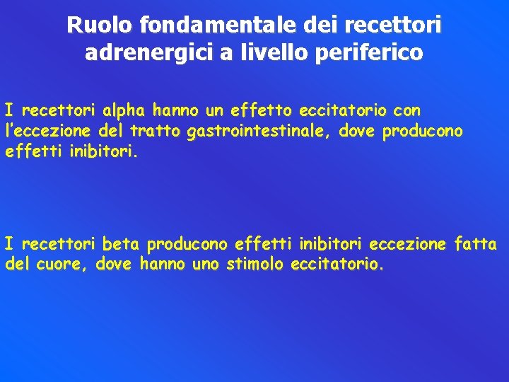 Ruolo fondamentale dei recettori adrenergici a livello periferico I recettori alpha hanno un effetto