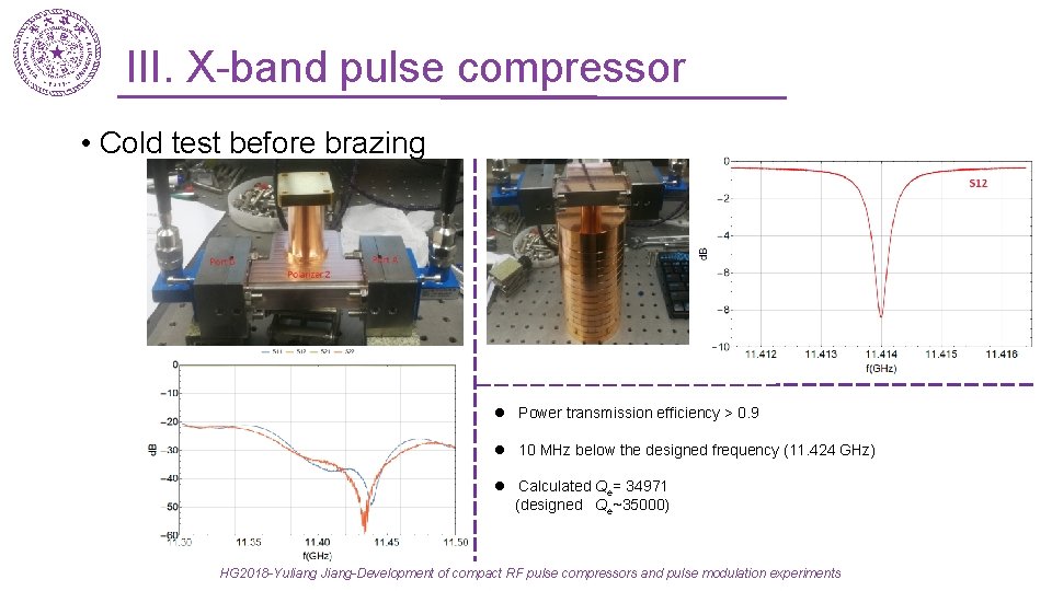 III. X-band pulse compressor • Cold test before brazing l Power transmission efficiency >