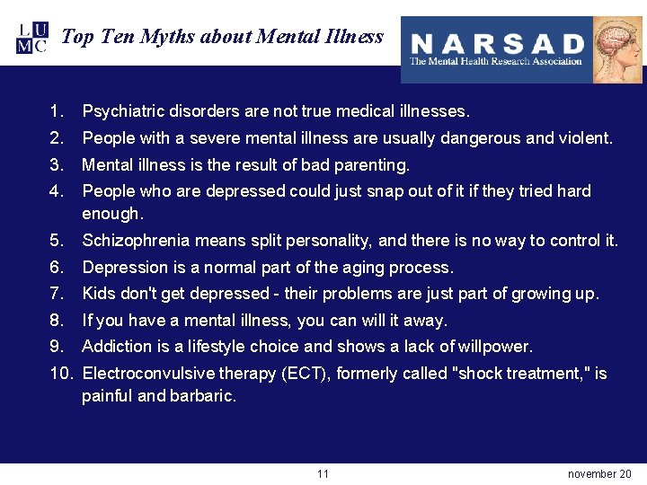 Top Ten Myths about Mental Illness 1. Psychiatric disorders are not true medical illnesses.