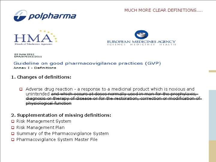 MUCH MORE CLEAR DEFINITIONS…. . 1. Changes of definitions: q Adverse drug reaction a MUCH MORE CLEAR DEFINITIONS…. . 1. Changes of definitions: q Adverse drug reaction a