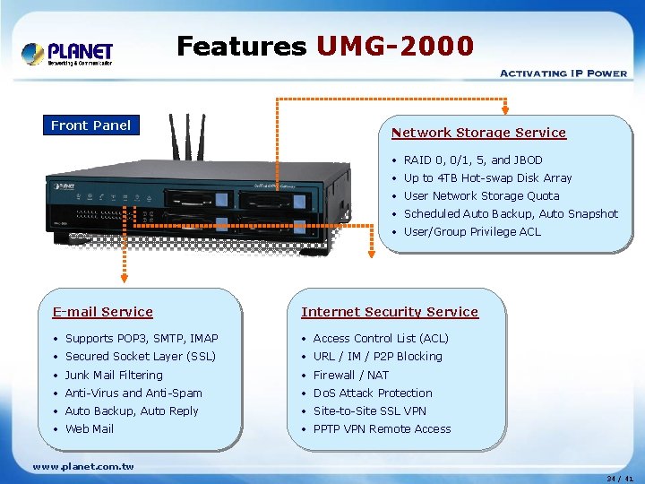 Features UMG-2000 Front Panel Network Storage Service • RAID 0, 0/1, 5, and JBOD