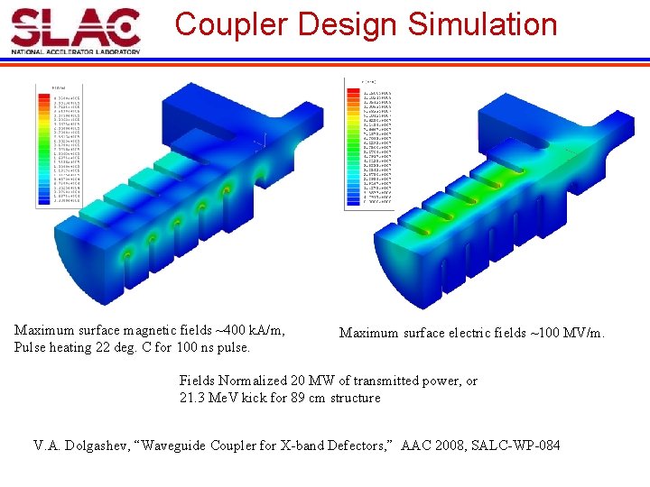 Coupler Design Simulation Maximum surface magnetic fields ~400 k. A/m, Pulse heating 22 deg.