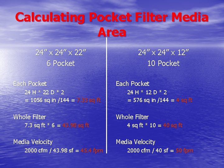 Calculating Pocket Filter Media Area 24” x 22” 6 Pocket Each Pocket 24 H