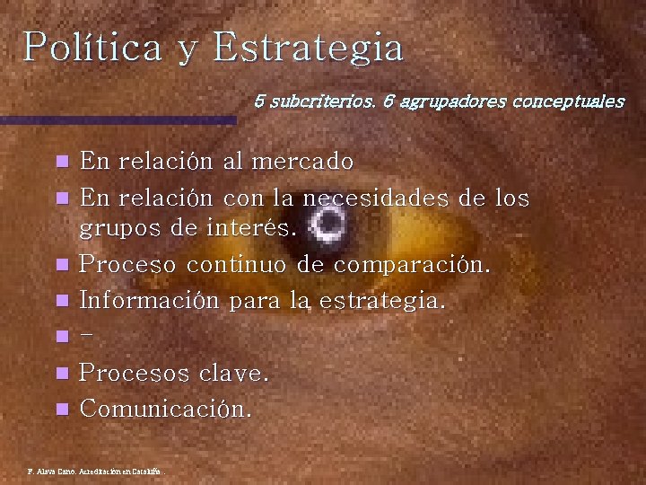 Política y Estrategia 5 subcriterios. 6 agrupadores conceptuales n n n n En relación