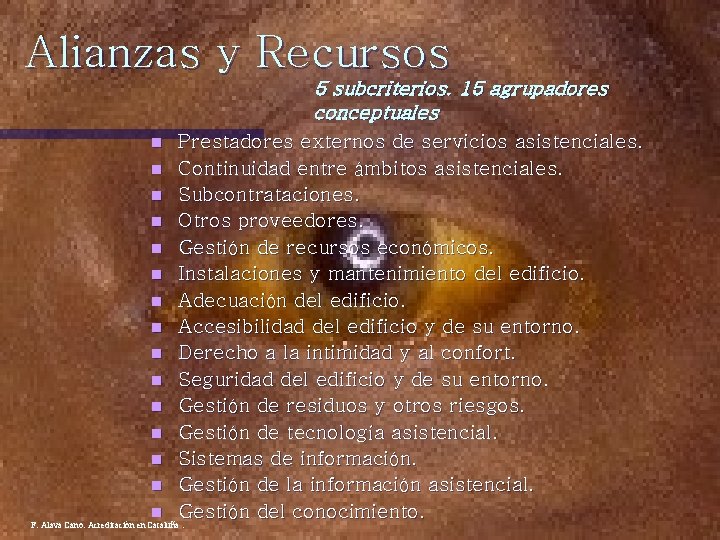Alianzas y Recursos 5 subcriterios. 15 agrupadores conceptuales Prestadores externos de servicios asistenciales. n