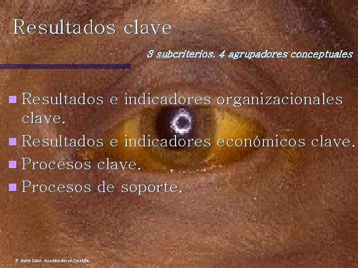 Resultados clave 3 subcriterios. 4 agrupadores conceptuales n Resultados e indicadores organizacionales clave. n