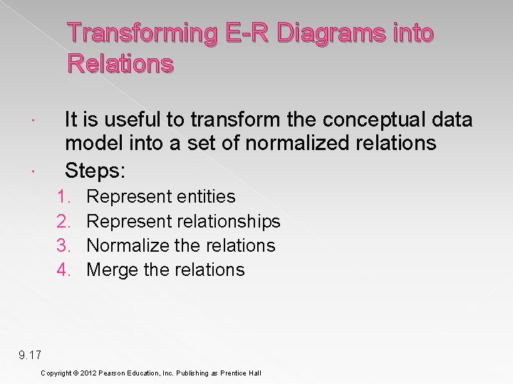Transforming E-R Diagrams into Relations It is useful to transform the conceptual data model