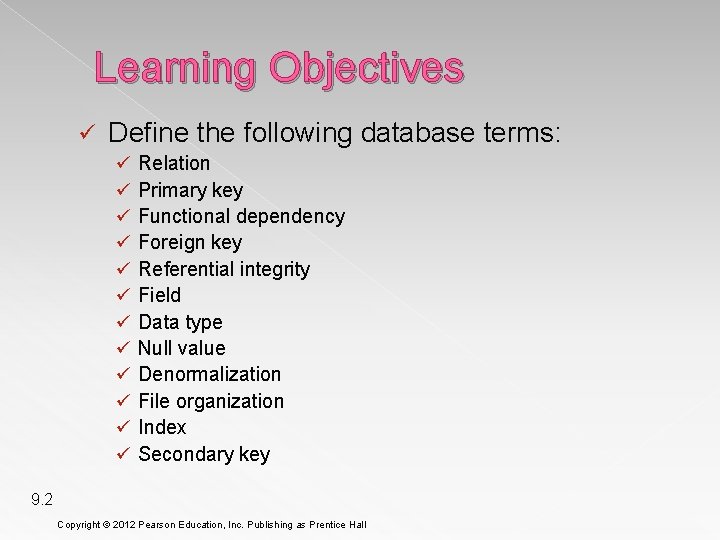 Learning Objectives ü Define the following database terms: ü ü ü Relation Primary key
