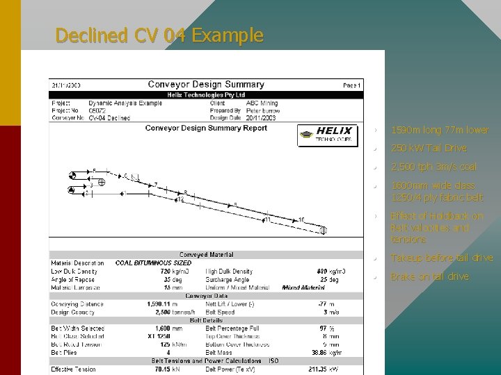 Declined CV 04 Example • 1590 m long 77 m lower • 250 k.