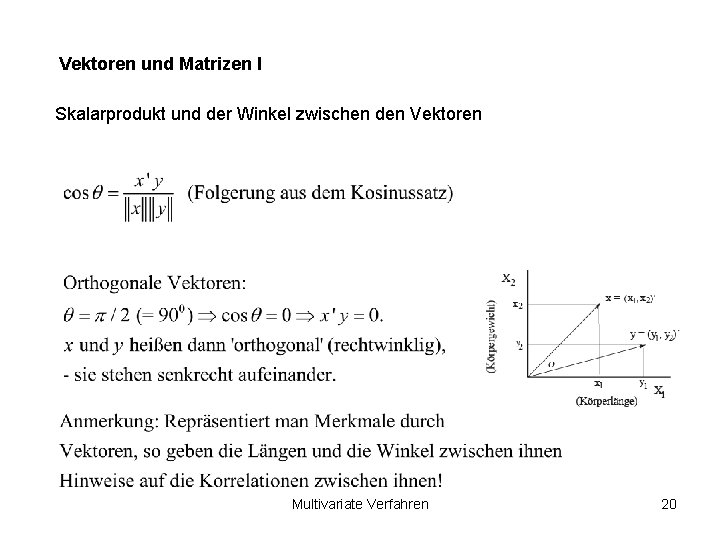 Vektoren und Matrizen I Skalarprodukt und der Winkel zwischen den Vektoren Multivariate Verfahren 20