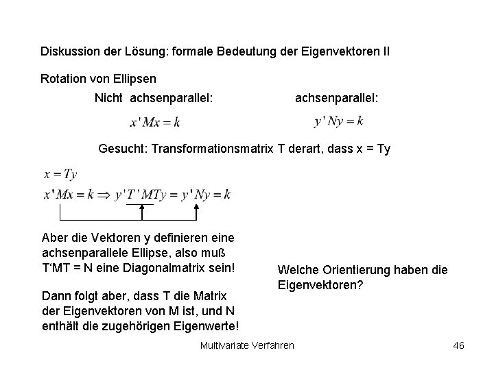 Diskussion der Lösung: formale Bedeutung der Eigenvektoren II Rotation von Ellipsen Nicht achsenparallel: Gesucht: