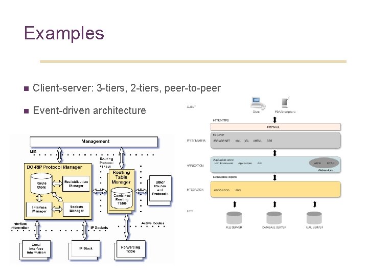 Examples n Client-server: 3 -tiers, 2 -tiers, peer-to-peer n Event-driven architecture 