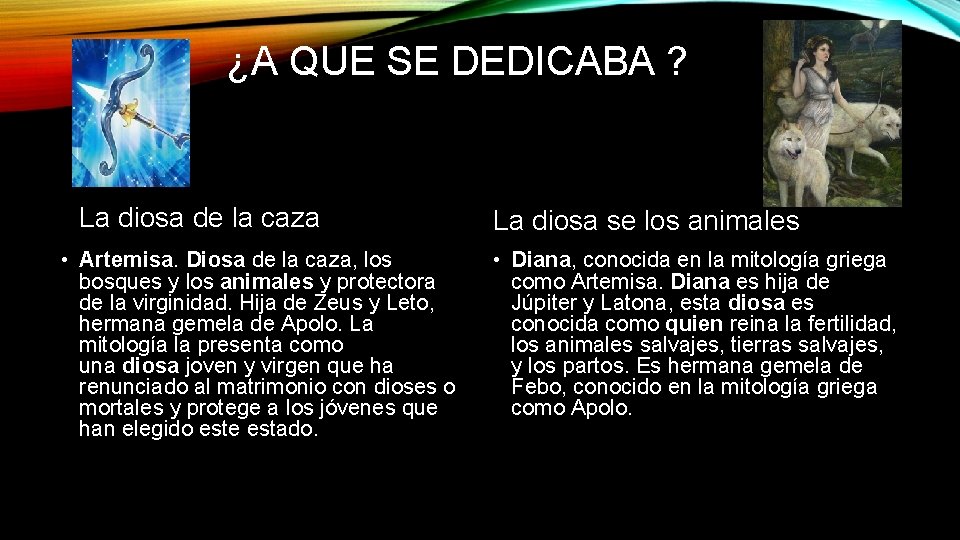 ¿A QUE SE DEDICABA ? La diosa de la caza • Artemisa. Diosa de