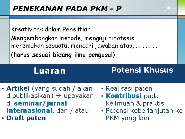 PENEKANAN PADA PKM - P Kreativitas dalam Penelitian Mengembangkan metode, menguji hipotesis, menemukan sesuatu,
