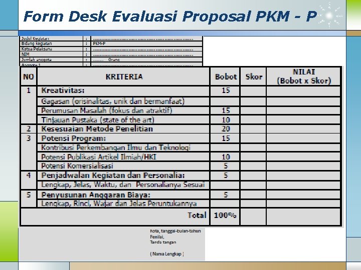 Form Desk Evaluasi Proposal PKM - P 
