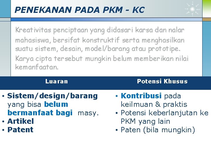 PENEKANAN PADA PKM - KC Kreativitas penciptaan yang didasari karsa dan nalar mahasiswa, bersifat