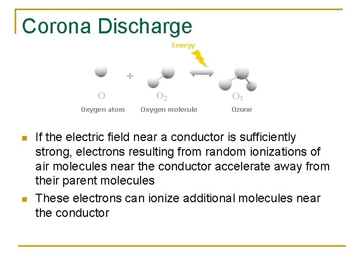 Corona Discharge n n If the electric field near a conductor is sufficiently strong,