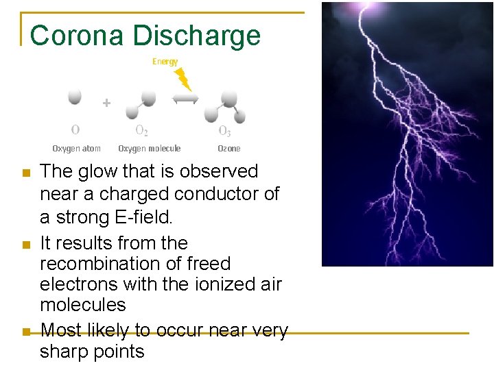 Corona Discharge n n n The glow that is observed near a charged conductor