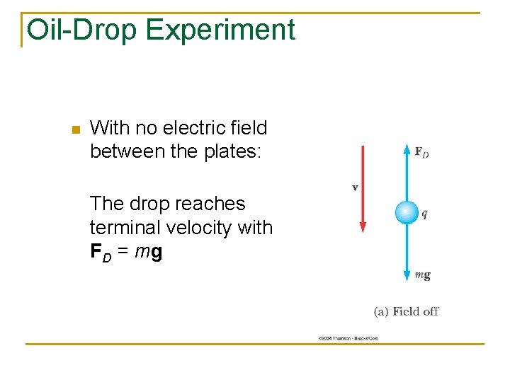 Oil-Drop Experiment n With no electric field between the plates: The drop reaches terminal