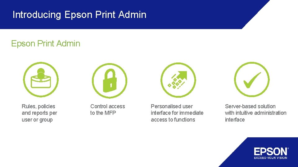 Introducing Epson Print Admin Rules, policies and reports per user or group Control access Introducing Epson Print Admin Rules, policies and reports per user or group Control access