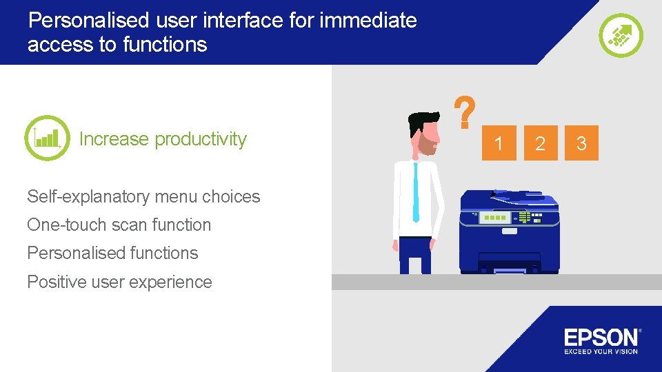 Personalised user interface for immediate access to functions Increase productivity Self-explanatory menu choices One-touch Personalised user interface for immediate access to functions Increase productivity Self-explanatory menu choices One-touch