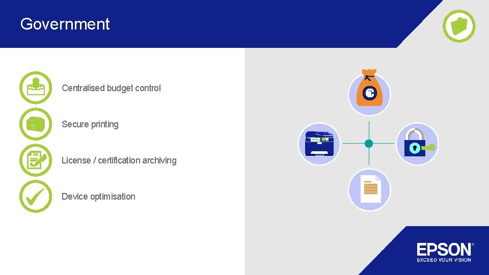 Government Centralised budget control Secure printing License / certification archiving Device optimisation Government Centralised budget control Secure printing License / certification archiving Device optimisation