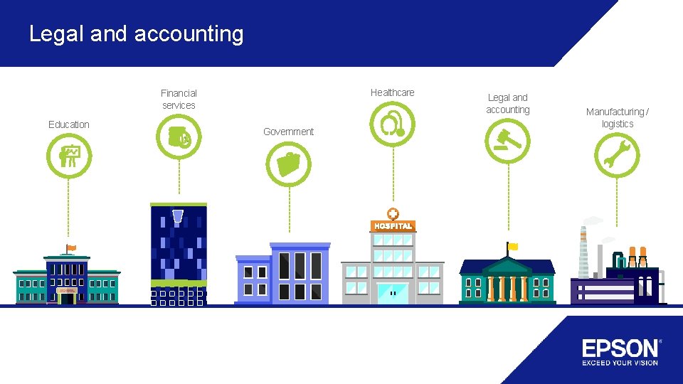 Legal and accounting Healthcare Financial services Education Government Legal and accounting Manufacturing / logistics Legal and accounting Healthcare Financial services Education Government Legal and accounting Manufacturing / logistics