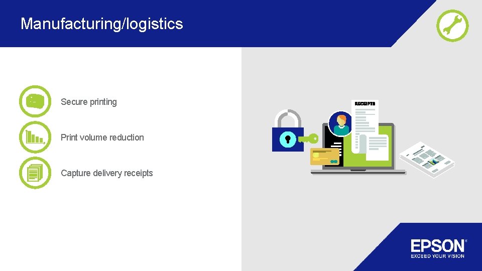 Manufacturing/logistics Secure printing Print volume reduction Capture delivery receipts Manufacturing/logistics Secure printing Print volume reduction Capture delivery receipts
