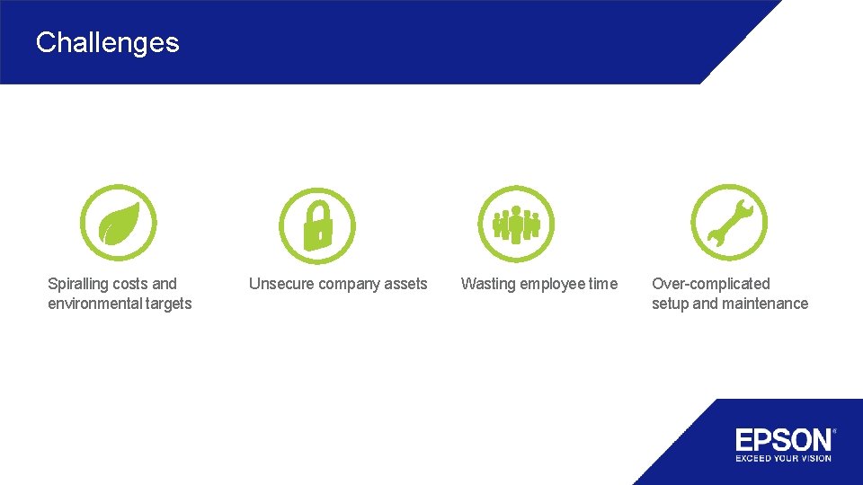 Challenges Spiralling costs and environmental targets Unsecure company assets Wasting employee time Over-complicated setup Challenges Spiralling costs and environmental targets Unsecure company assets Wasting employee time Over-complicated setup