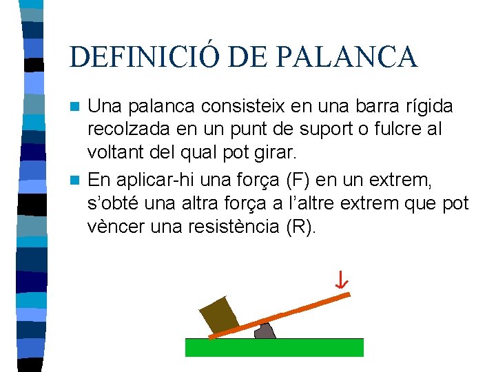 DEFINICIÓ DE PALANCA Una palanca consisteix en una barra rígida recolzada en un punt